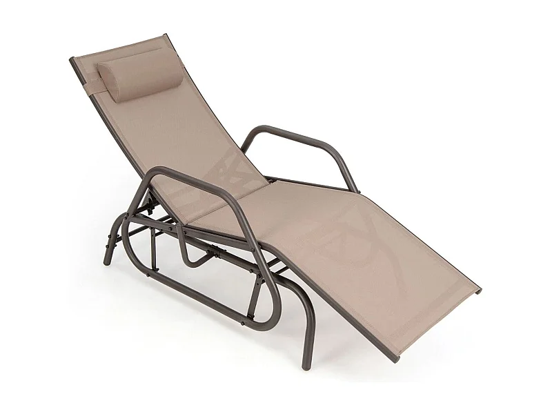 Sdraio a dondolo da giardino con braccioli e cuscino poggiatesta, Sedia a sdraio regolabile da esterno Marrone