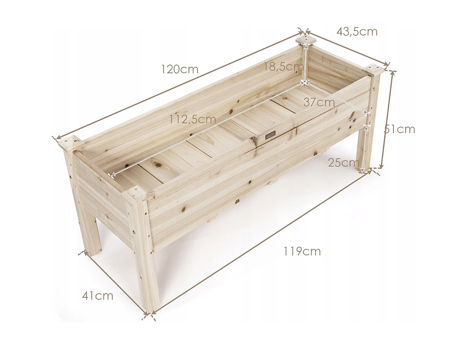 Jardinière Surélevée en Bois Carré Potager sur Pied avec 5 Trous de Drainage 120x43,5x51CM Naturel