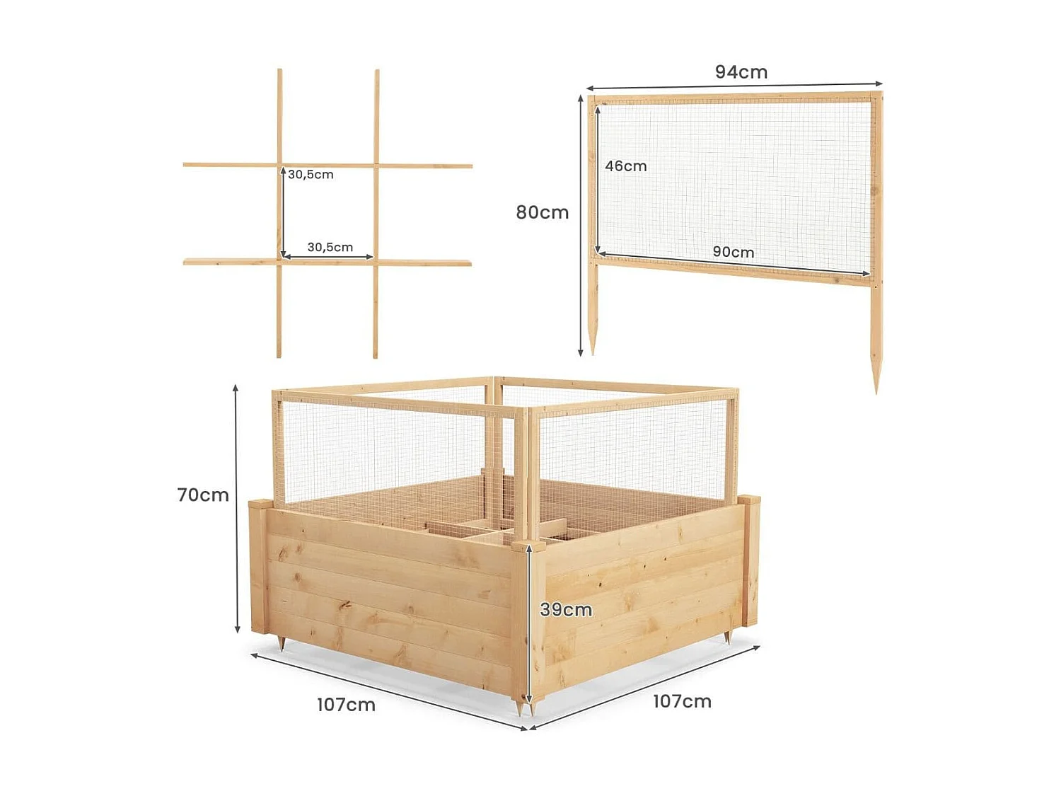 Hochbeet mit Gitterzaun Pflanzkasten aus Holz mit 4-seitigem Schutzzaun & Pflanzgitter Schutz vor Tierschäden 107 x 107 x 70 cm