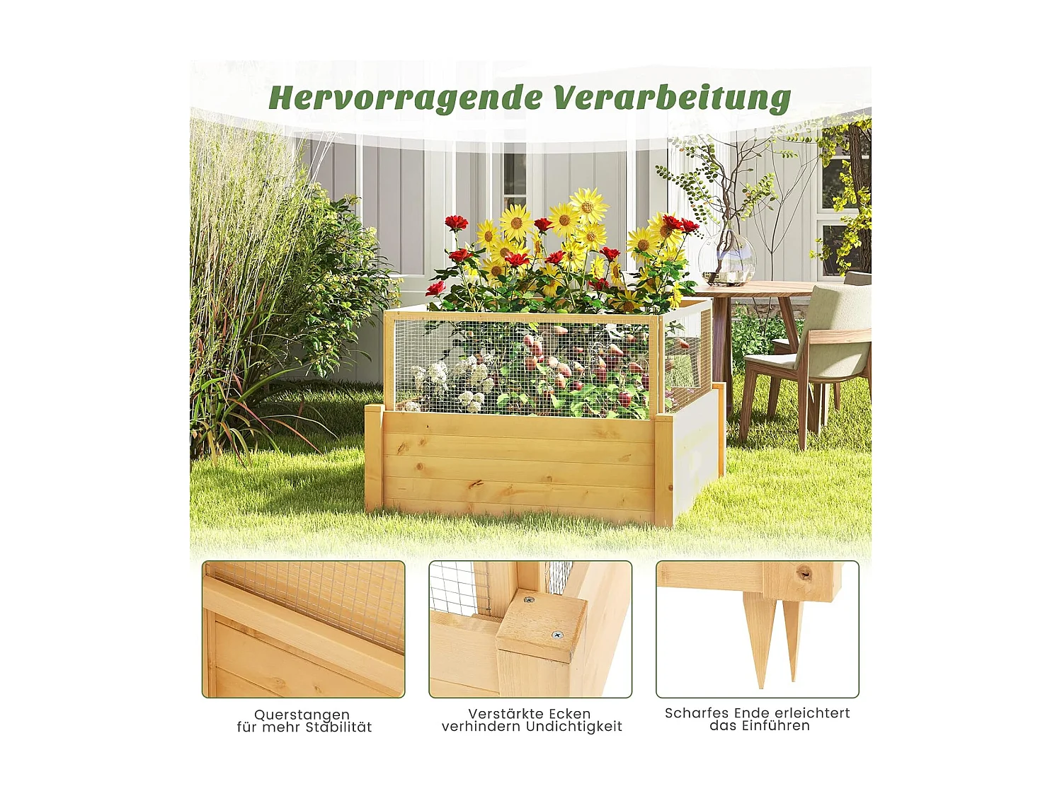 Hochbeet mit Gitterzaun Pflanzkasten aus Holz mit 4-seitigem Schutzzaun & Pflanzgitter Schutz vor Tierschäden 107 x 107 x 70 cm