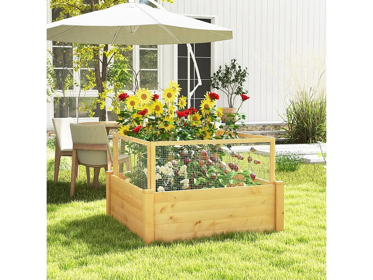 Hochbeet mit Gitterzaun Pflanzkasten aus Holz mit 4-seitigem Schutzzaun & Pflanzgitter Schutz vor Tierschäden 107 x 107 x 70 cm