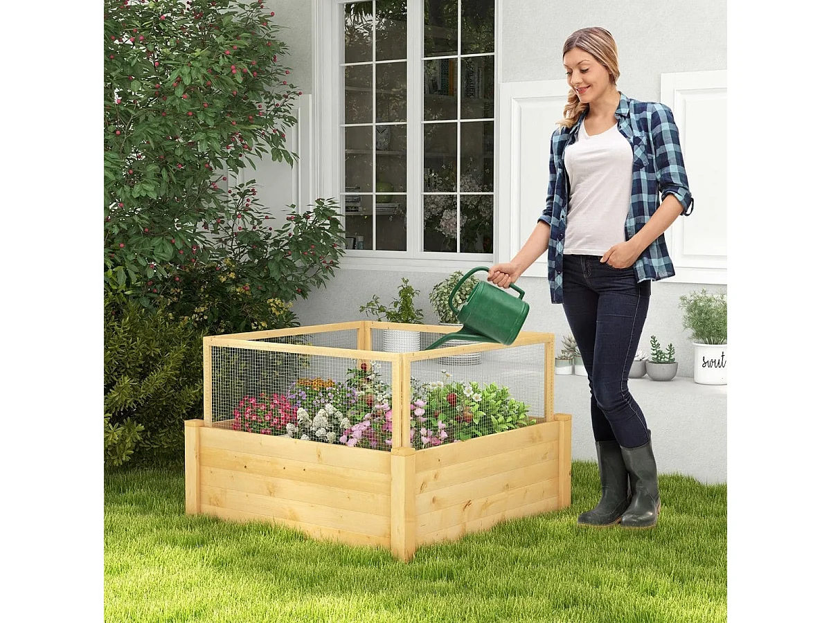 Hochbeet mit Gitterzaun Pflanzkasten aus Holz mit 4-seitigem Schutzzaun & Pflanzgitter Schutz vor Tierschäden 107 x 107 x 70 cm