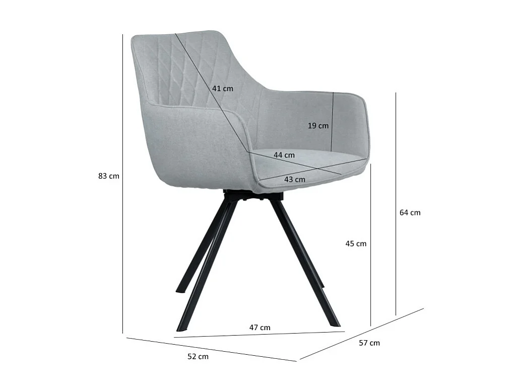 Chaise pivotante en lin gris avec accoudoirs pieds métal noir - TARGO