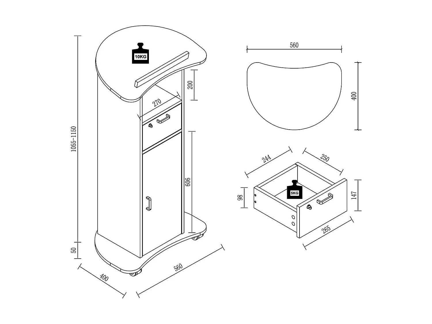 VCM Wood Mobile Speaker Console | Dimensões aprox. A. 110 a 120 cm x L. 56 cm x P. 37 cm | Rolável com gaveta | Mesa em pé | Mesa de pé com porta - Redola (Branco)