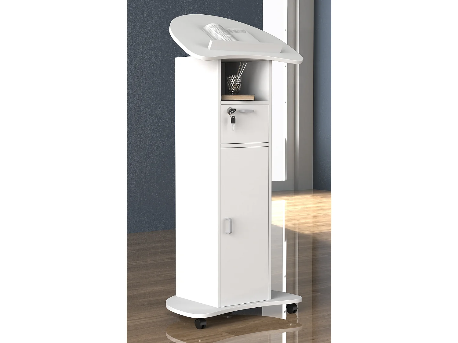 VCM Wood Mobile Speaker Console | Dimensões aprox. A. 110 a 120 cm x L. 56 cm x P. 37 cm | Rolável com gaveta | Mesa em pé | Mesa de pé com porta - Redola (Branco)