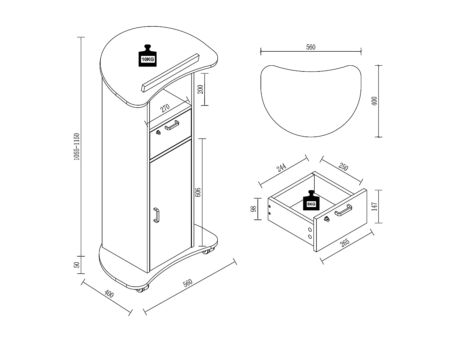 VCM Wood Mobile Speaker Console | Dimensões aprox. A. 110 a 120 cm x L. 56 cm x P. 37 cm | Rolável com gaveta | Mesa em pé | Mesa de pé com porta - Redola (Branco)