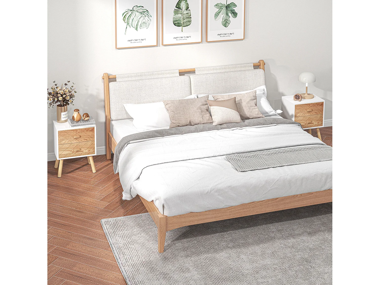 Lot de 2 chevets tables de nuit design scandinave - total 4 tiroirs - bois pin MDF blanc hêtre motif graphique