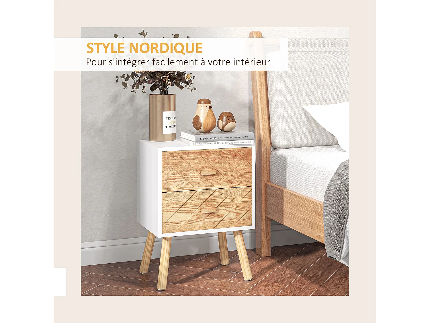 Lot de 2 chevets tables de nuit design scandinave - total 4 tiroirs - bois pin MDF blanc hêtre motif graphique