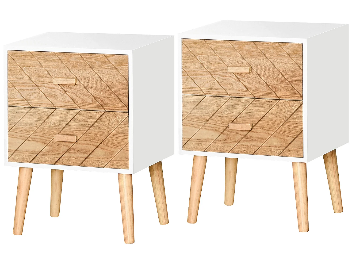 Lot de 2 chevets tables de nuit design scandinave - total 4 tiroirs - bois pin MDF blanc hêtre motif graphique
