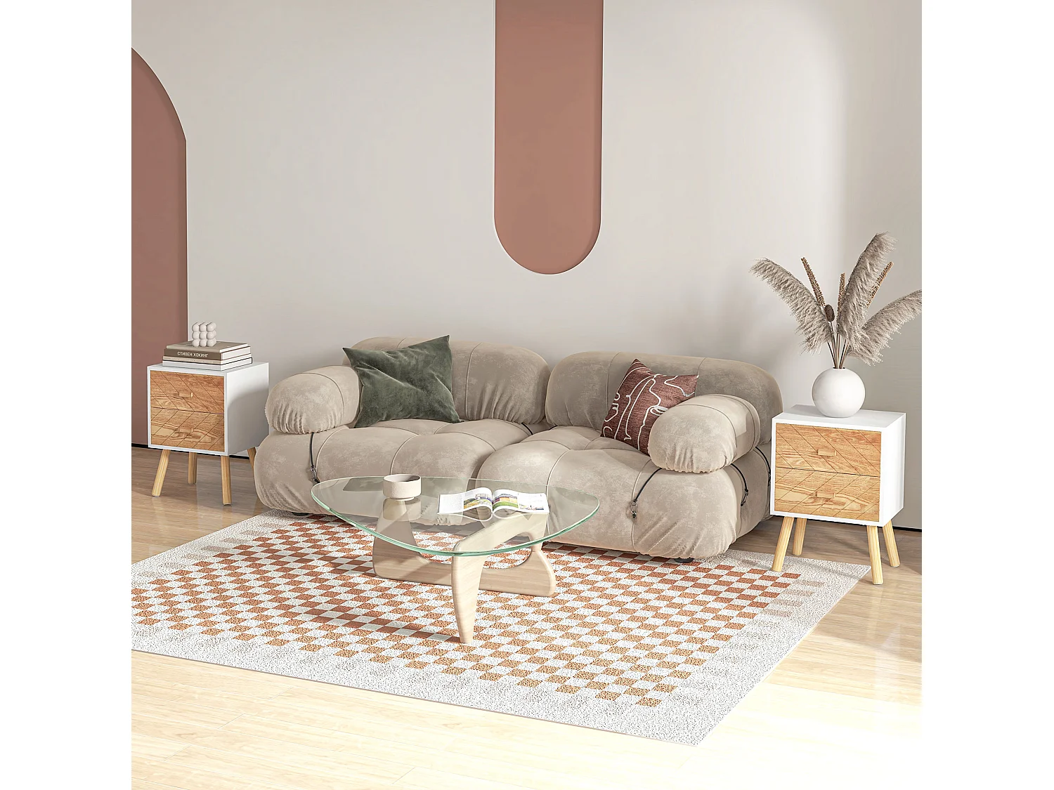 Lot de 2 chevets tables de nuit design scandinave - total 4 tiroirs - bois pin MDF blanc hêtre motif graphique