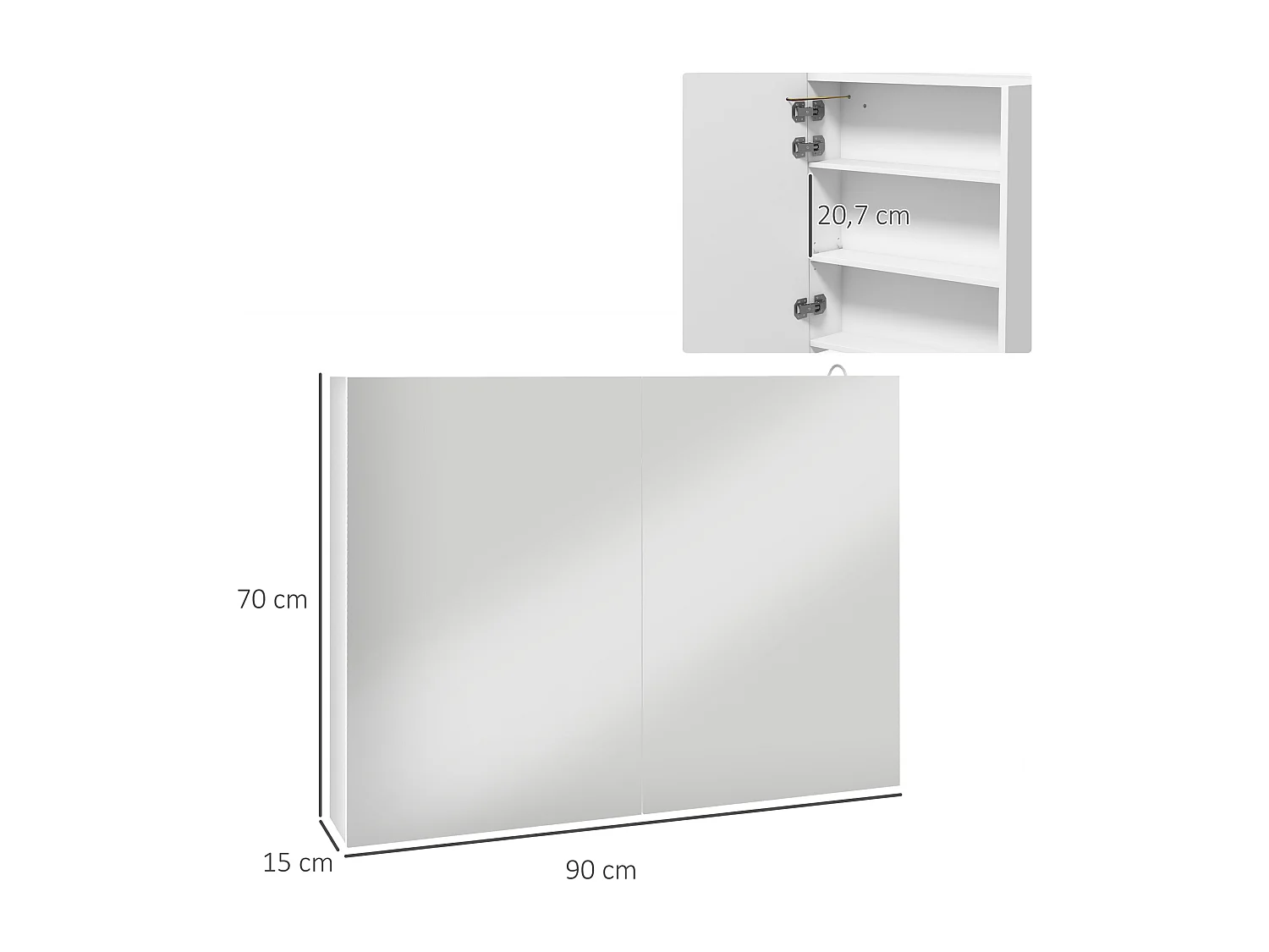 Armoire miroir LED de salle de bain - 2 portes, 2 étagères - tactile, lumière réglable - MDF blanc laqué verre