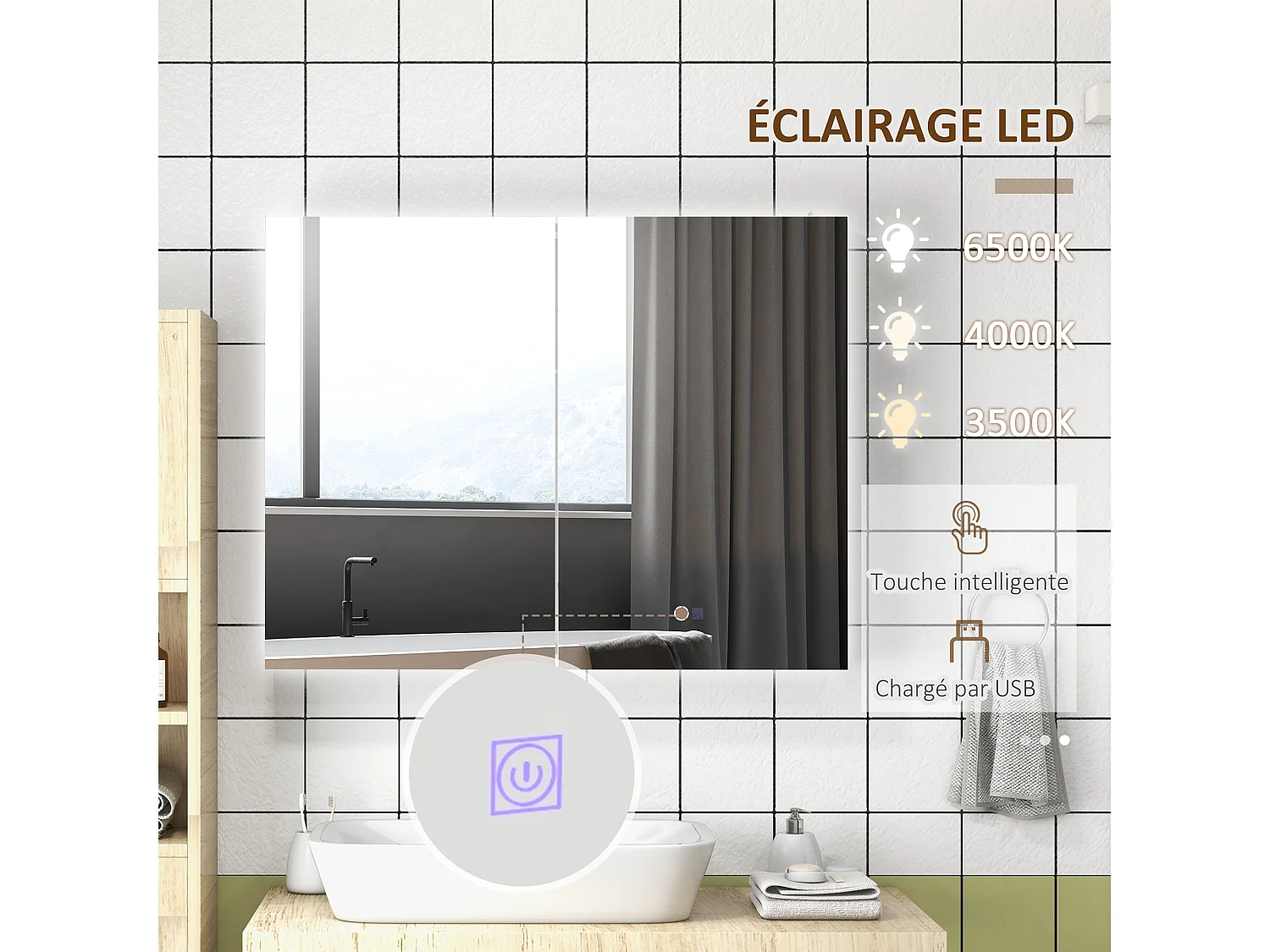 Armoire miroir LED de salle de bain - 2 portes, 2 étagères - tactile, lumière réglable - MDF blanc laqué verre