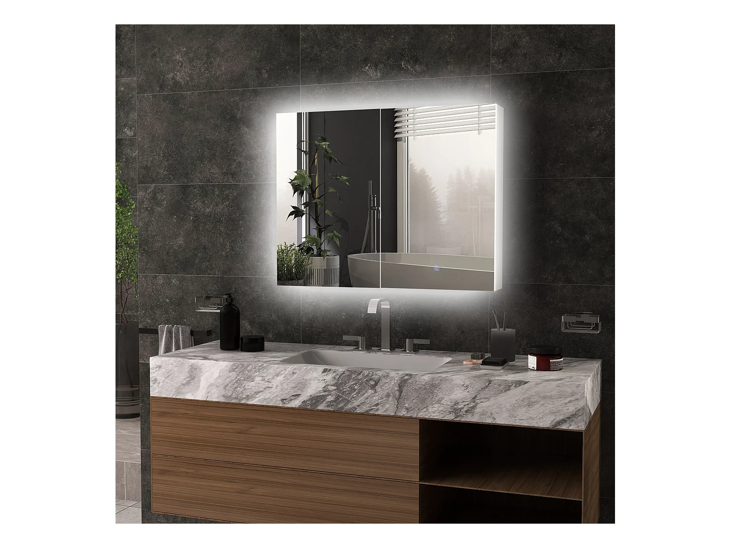 Armoire miroir LED de salle de bain - 2 portes, 2 étagères - tactile, lumière réglable - MDF blanc laqué verre