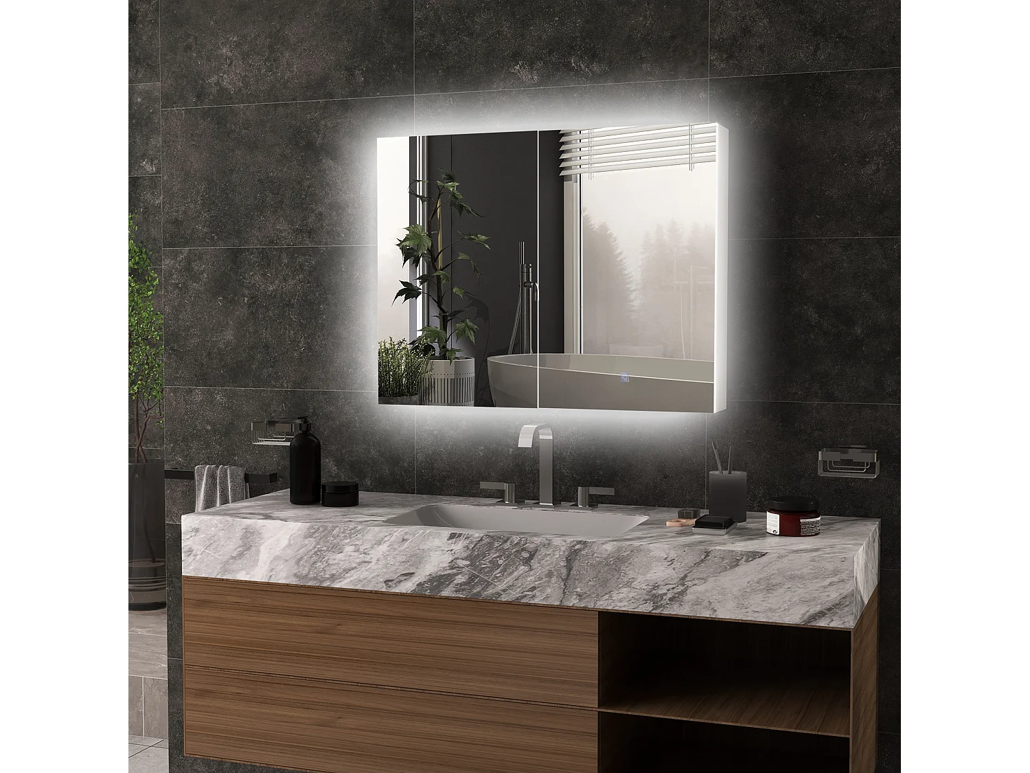 Armoire miroir LED de salle de bain - 2 portes, 2 étagères - tactile, lumière réglable - MDF blanc laqué verre