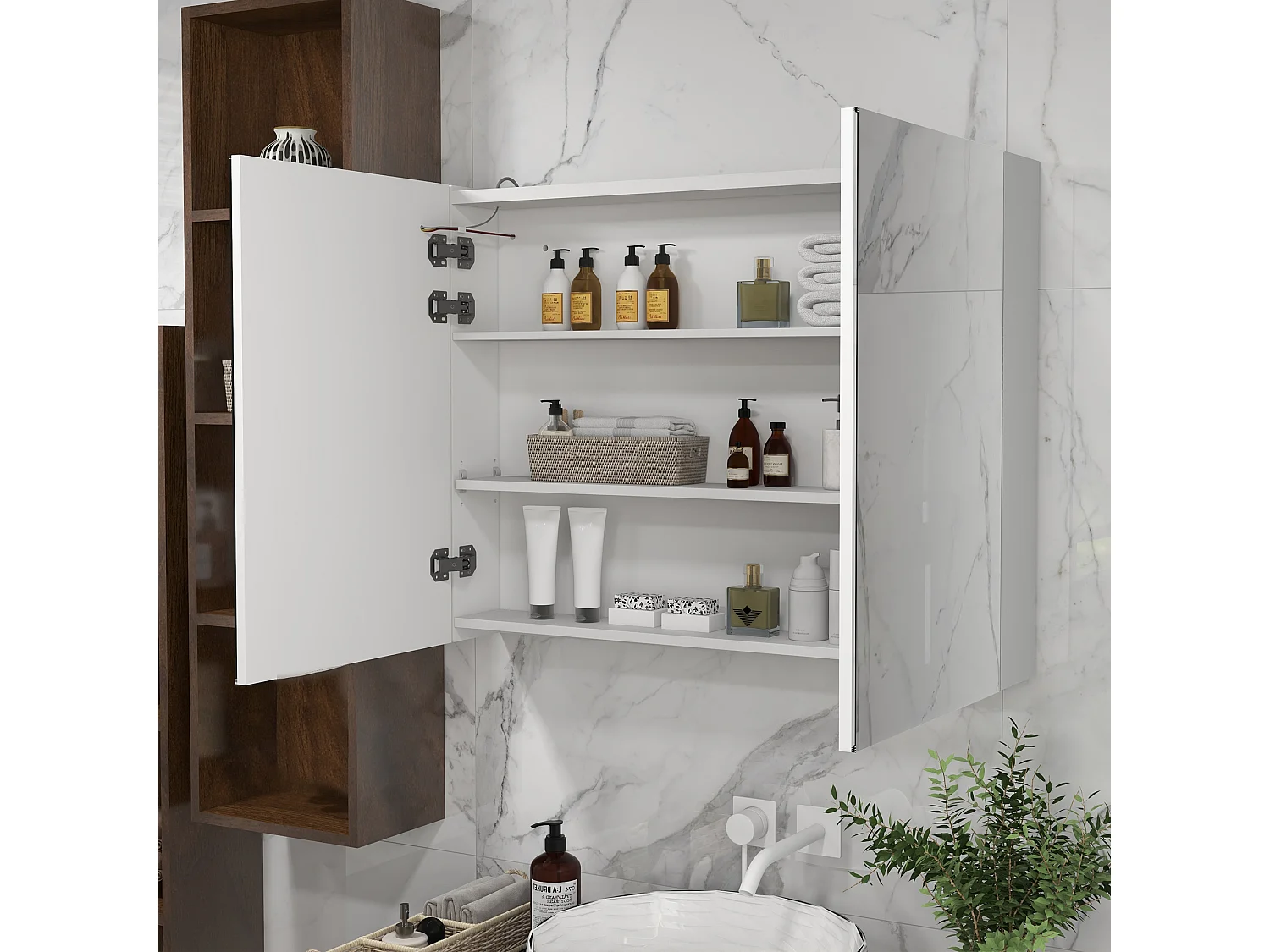 Armoire miroir LED de salle de bain - 2 portes, 2 étagères - tactile, lumière réglable - MDF blanc laqué verre