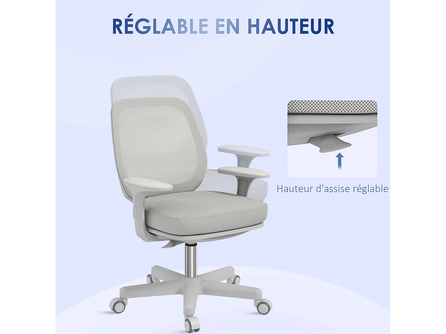 Chaise de bureau ergonomique hauteur réglable pivotante 360° revêtement maille gris