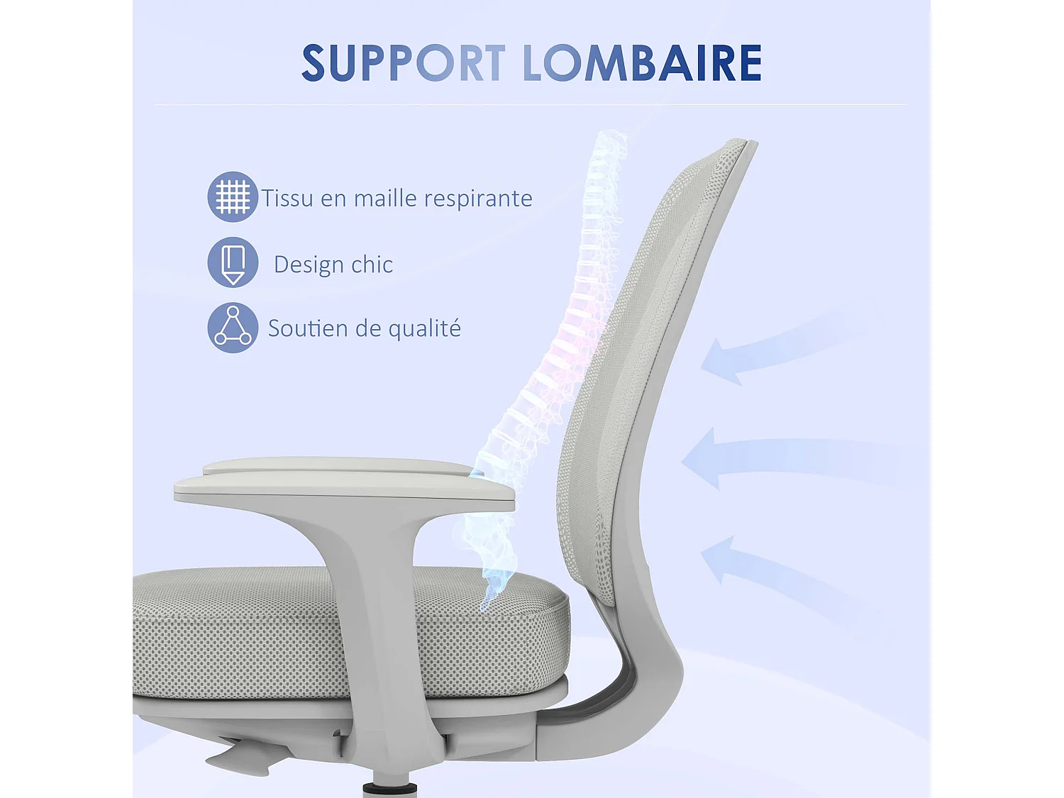 Chaise de bureau ergonomique hauteur réglable pivotante 360° revêtement maille gris