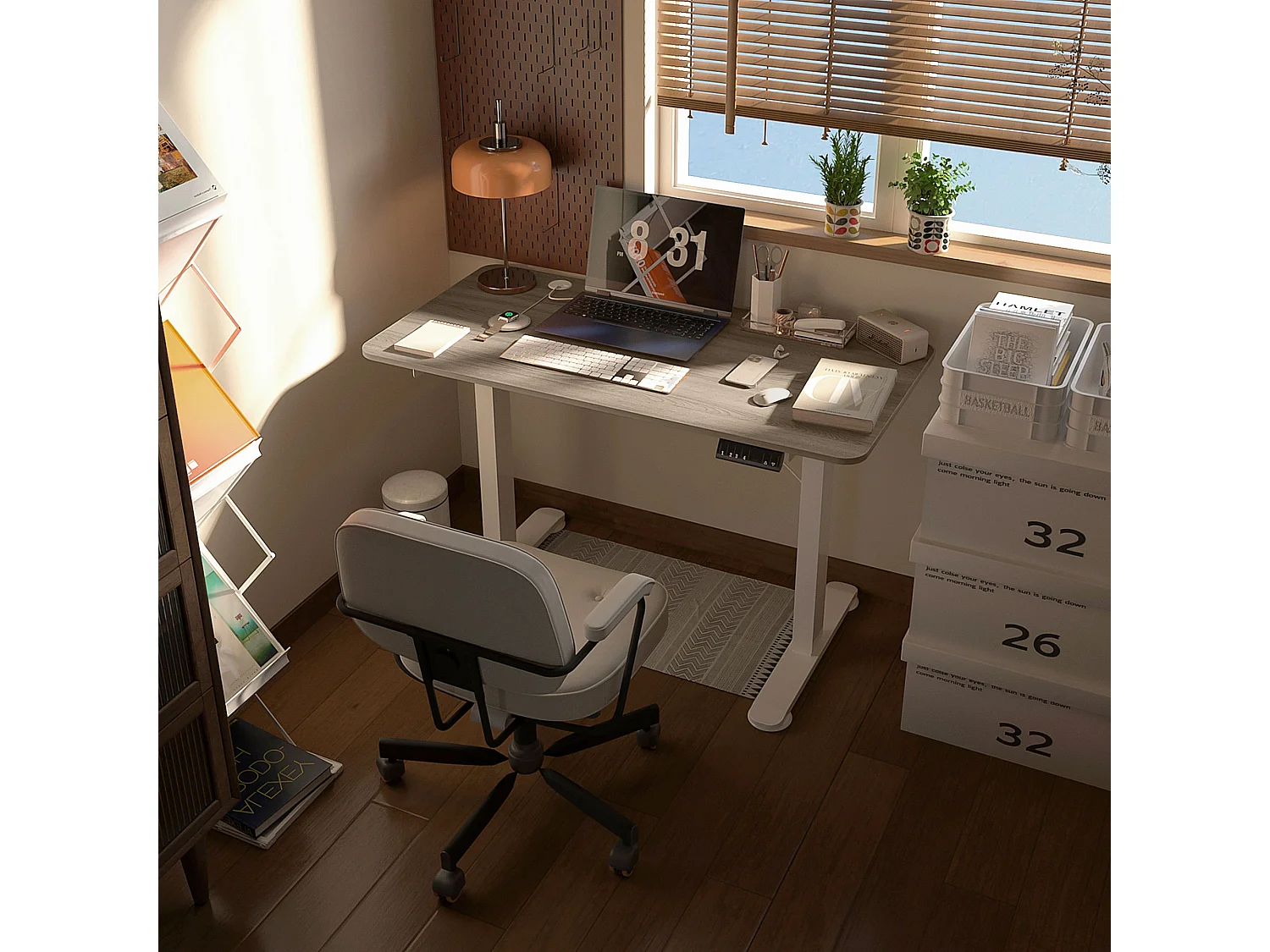 Bureau assis debout électrique - bureau réglable en hauteur - bureau électrique réglable - acier noir aspect bois chêne clair