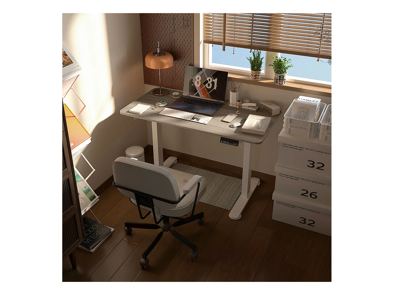 Bureau assis debout électrique - bureau réglable en hauteur - bureau électrique réglable - acier noir aspect bois chêne clair