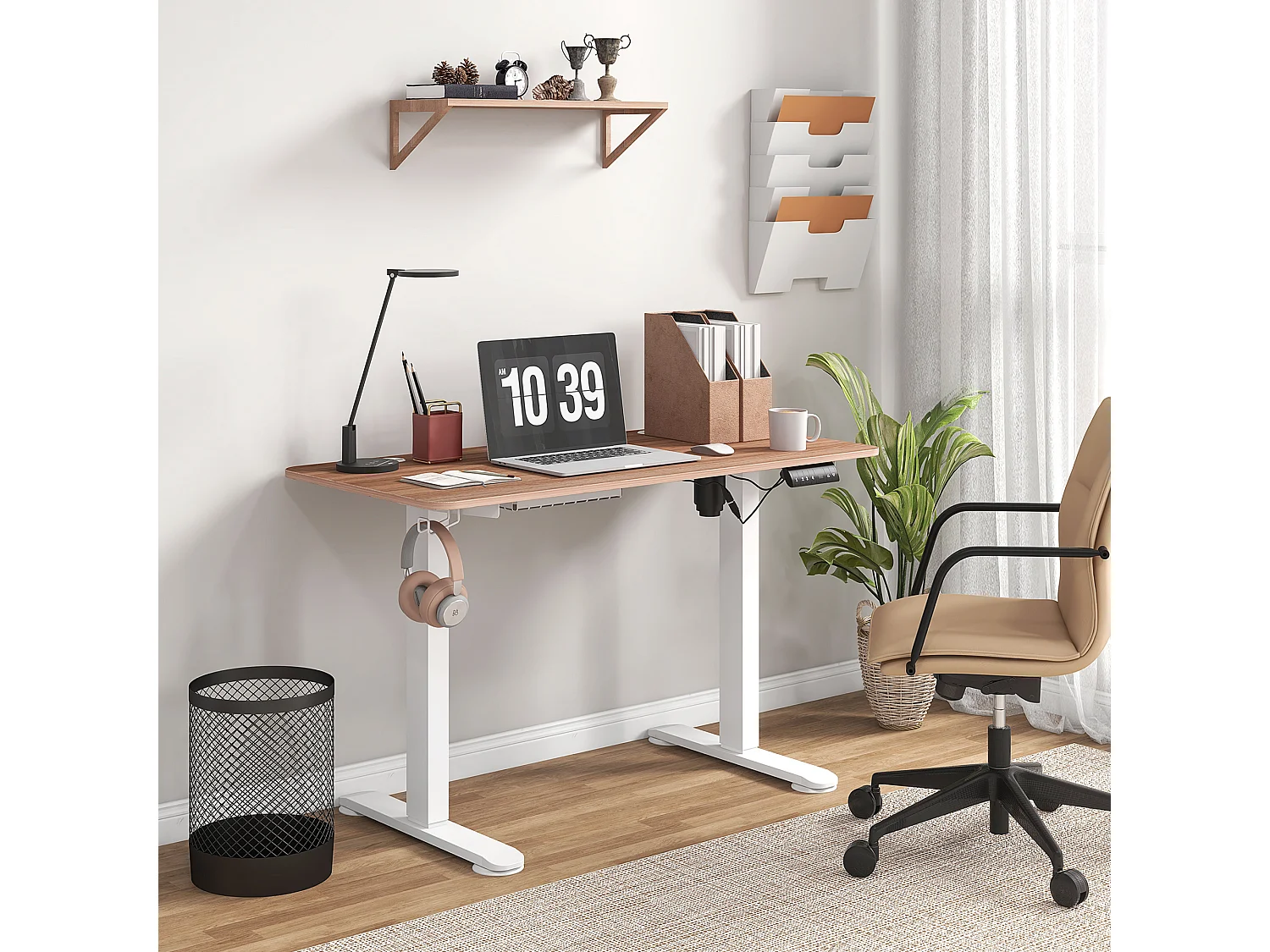 Bureau assis debout électrique - bureau réglable en hauteur - bureau électrique réglable - acier noir aspect bois chêne clair