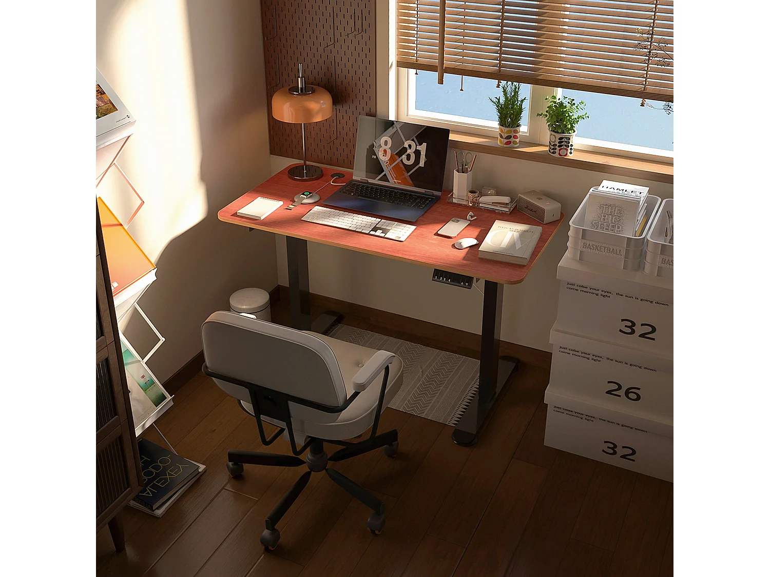 Bureau assis debout électrique - bureau réglable en hauteur - bureau électrique réglable - acier noir aspect bois acajou