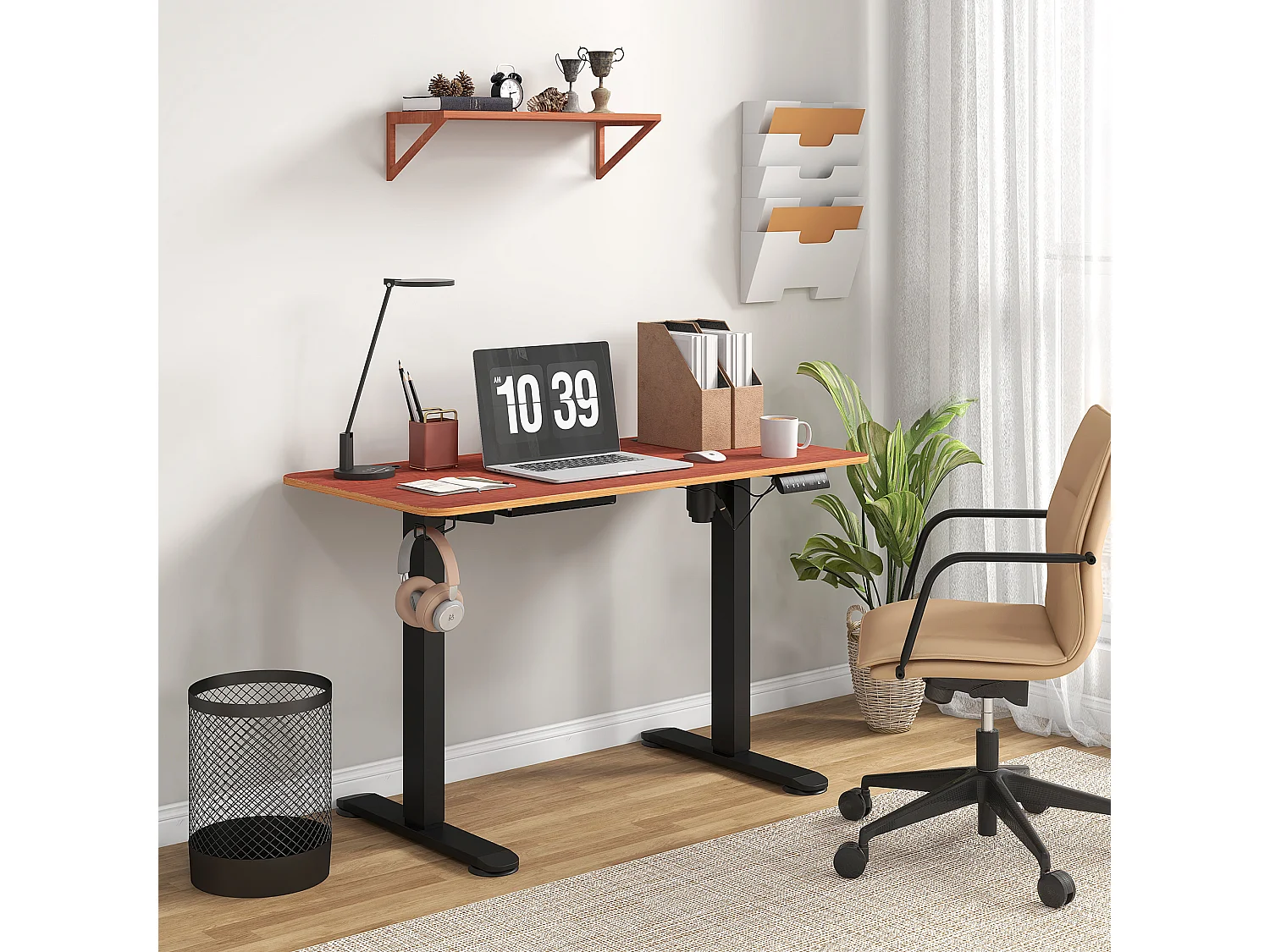 Bureau assis debout électrique - bureau réglable en hauteur - bureau électrique réglable - acier noir aspect bois acajou