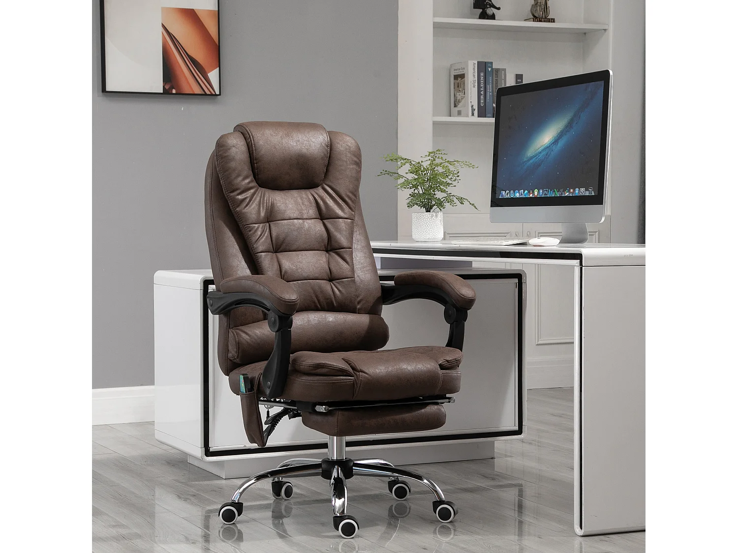 Fauteuil de bureau direction massant chauffant hauteur réglable dossier inclinable repose-pied rétractable tissu technique marron