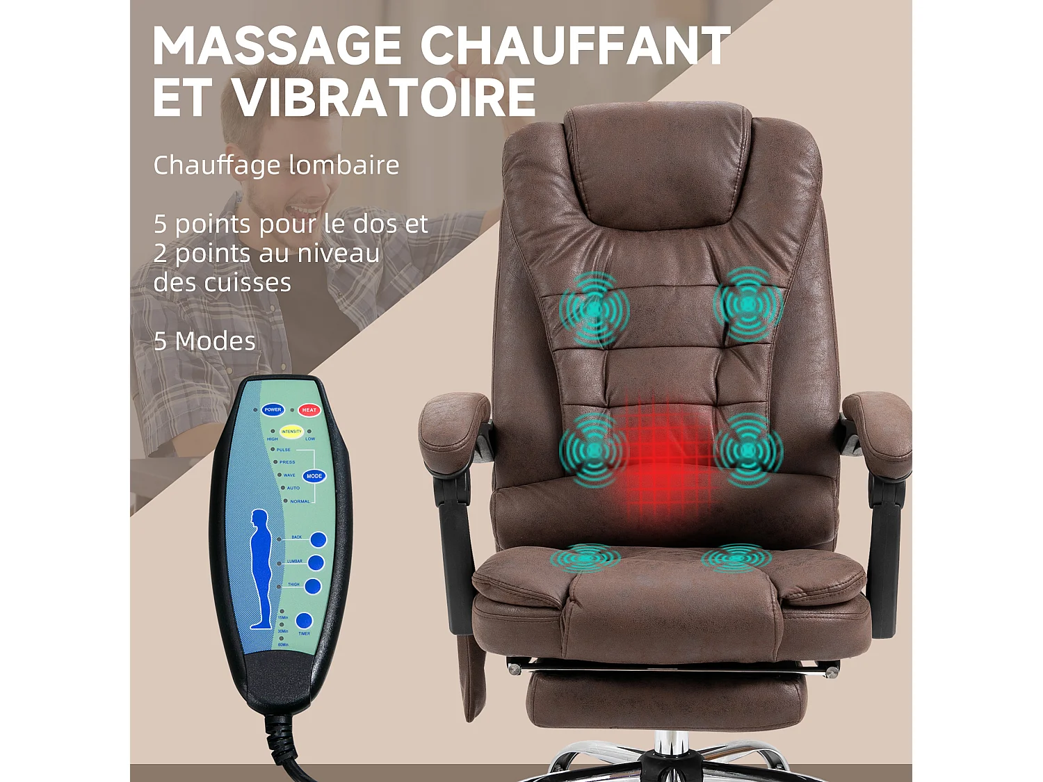 Fauteuil de bureau direction massant chauffant hauteur réglable dossier inclinable repose-pied rétractable tissu technique marron