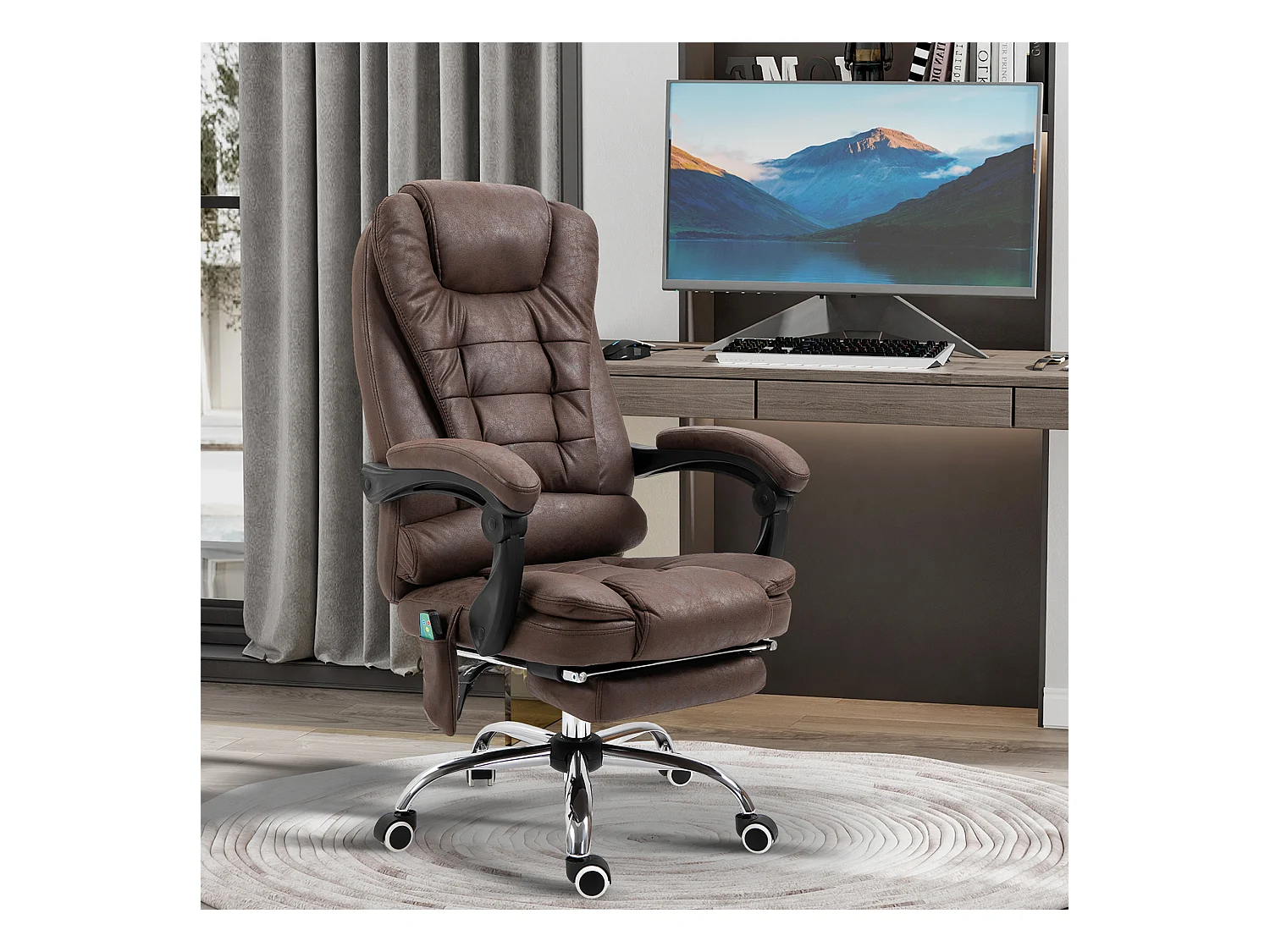 Fauteuil de bureau direction massant chauffant hauteur réglable dossier inclinable repose-pied rétractable tissu technique marron