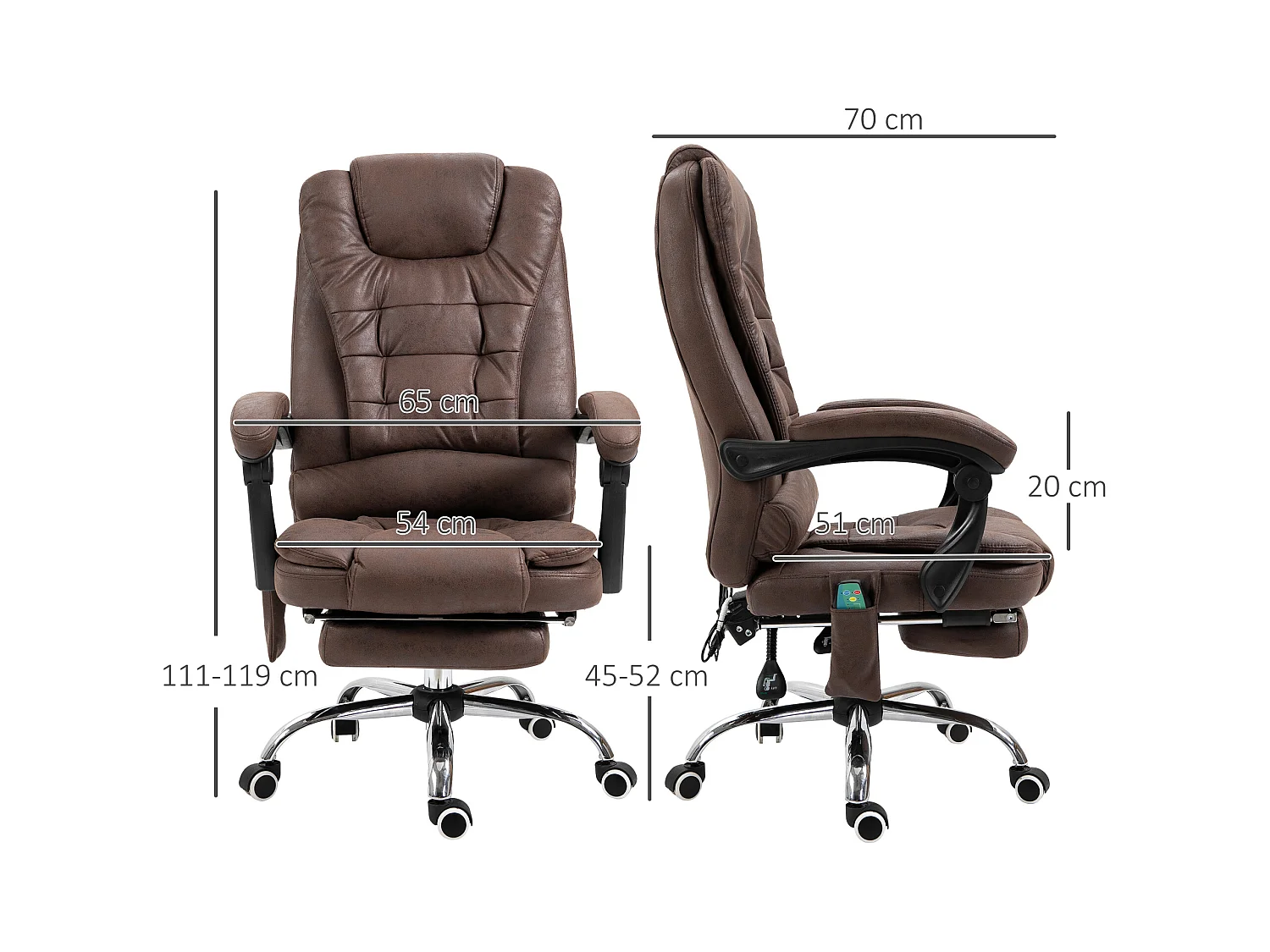 Fauteuil de bureau direction massant chauffant hauteur réglable dossier inclinable repose-pied rétractable tissu technique marron