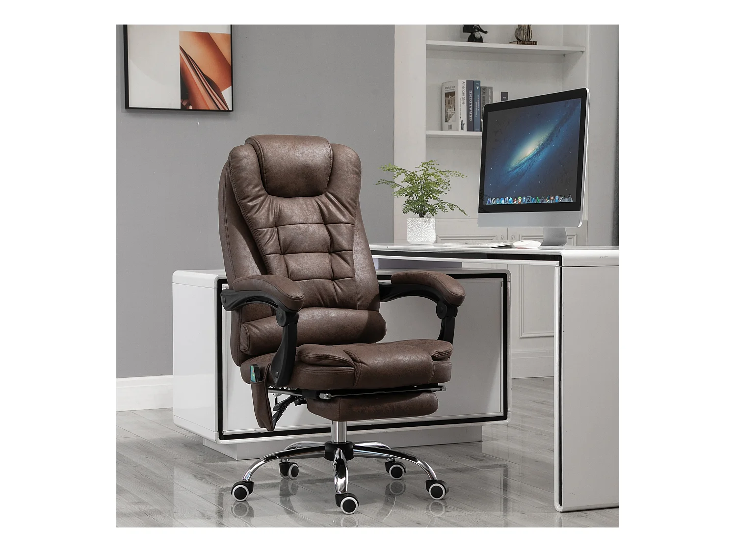 Fauteuil de bureau direction massant chauffant hauteur réglable dossier inclinable repose-pied rétractable tissu technique marron