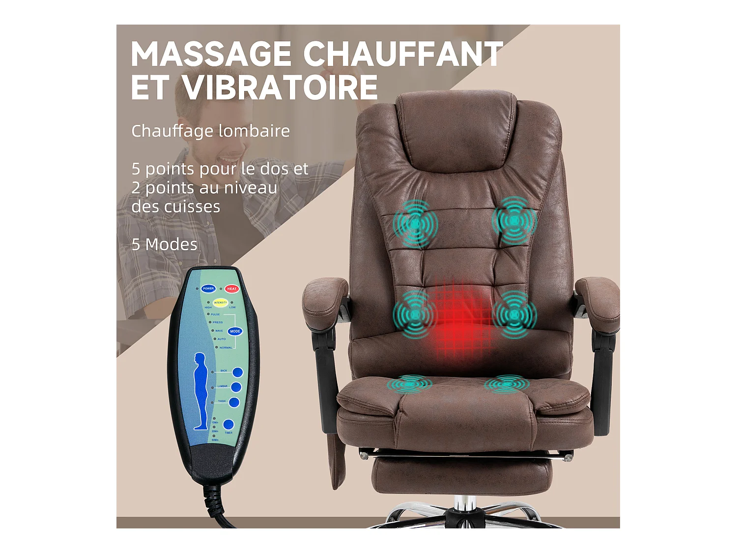 Fauteuil de bureau direction massant chauffant hauteur réglable dossier inclinable repose-pied rétractable tissu technique marron