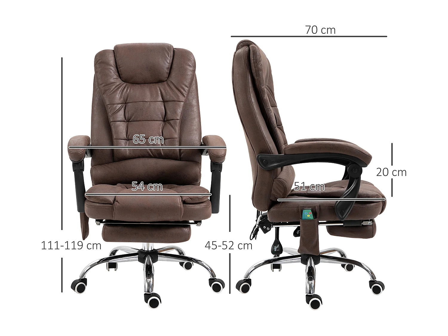 Fauteuil de bureau direction massant chauffant hauteur réglable dossier inclinable repose-pied rétractable tissu technique marron