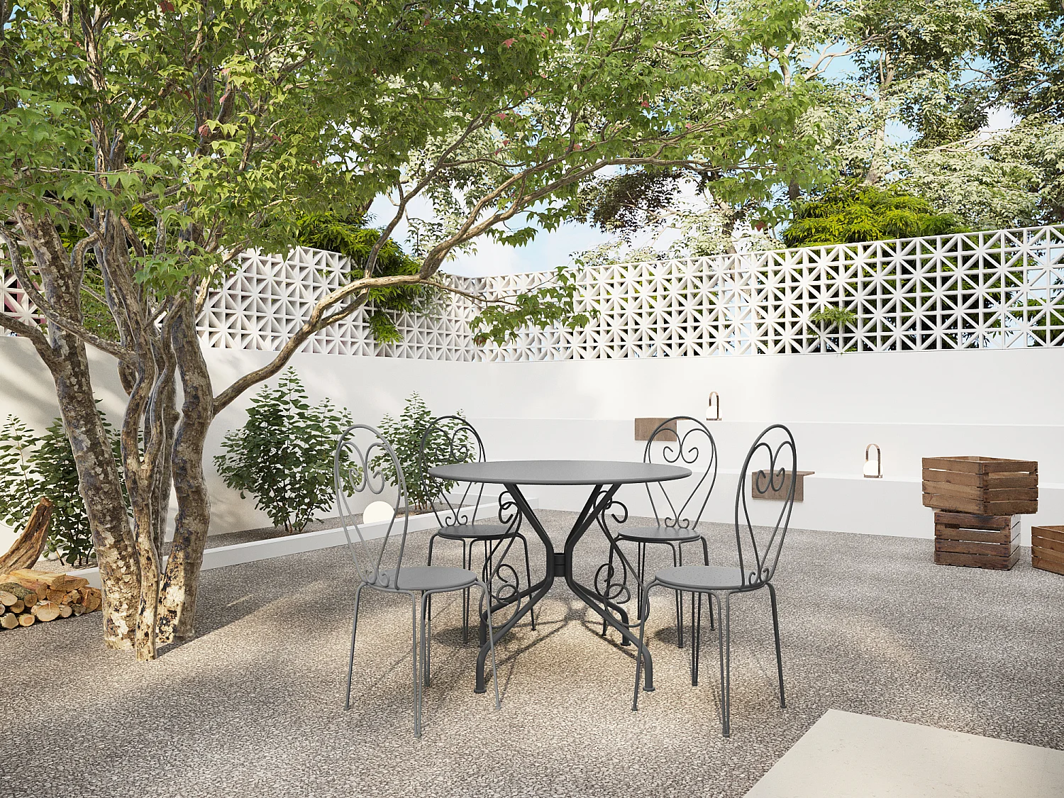Salle à manger de jardin en métal façon fer forgé : une table D.120cm et 4 chaises empilables - Anthracite - GUERMANTES de MYLIA
