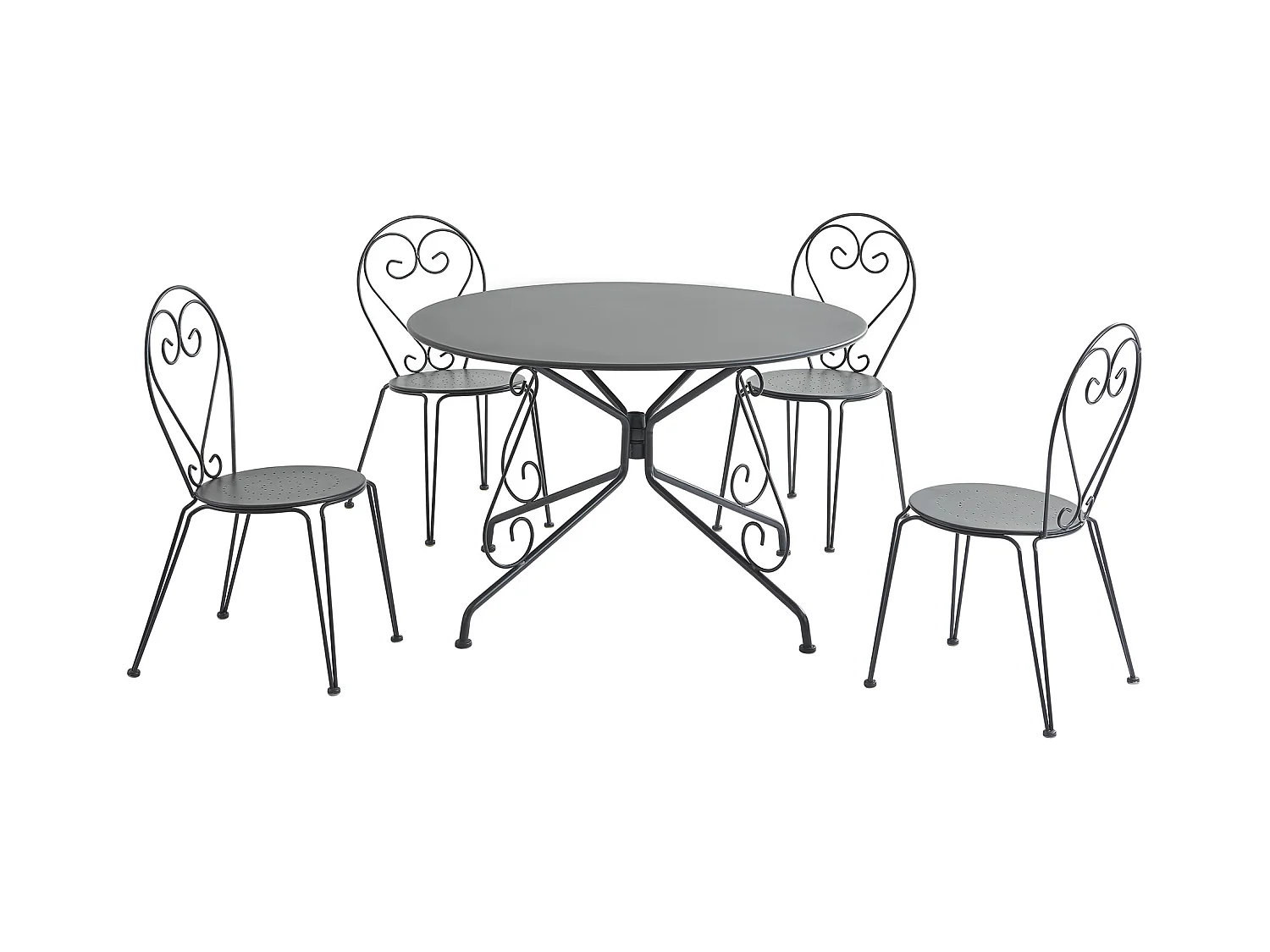 Mesa y sillas de jardín de metal estilo hierro forjado: una mesa de D.120cm y 4 sillas apilables - Antracita - GUERMANTES de MYLIA