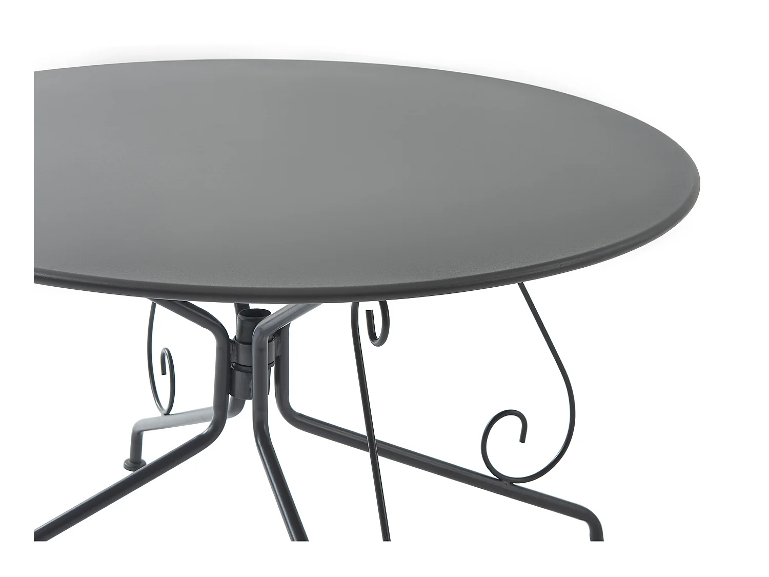 Mesa y sillas de jardín de metal estilo hierro forjado: una mesa de D.120cm y 4 sillas apilables - Antracita - GUERMANTES de MYLIA