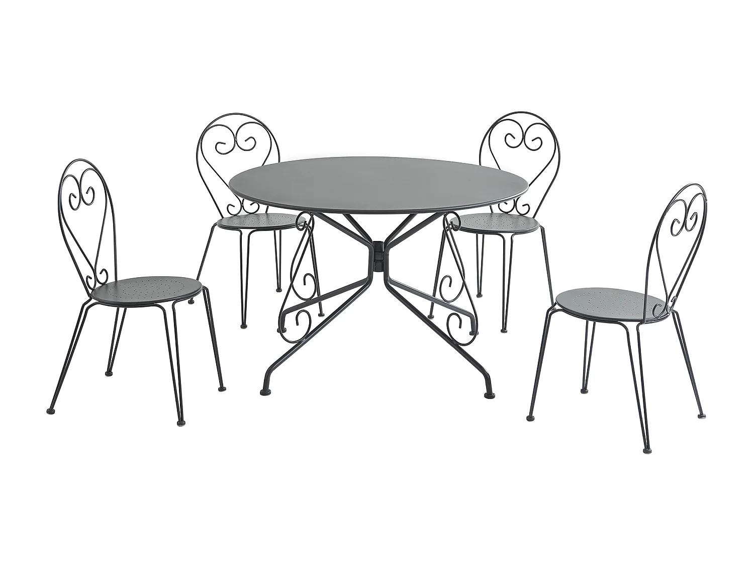 Metalen tuineethoek met gietijzeren stijl: een tafel D120 cm en 4 opstapelbare stoelen - Antraciet - GUERMANTES van MYLIA