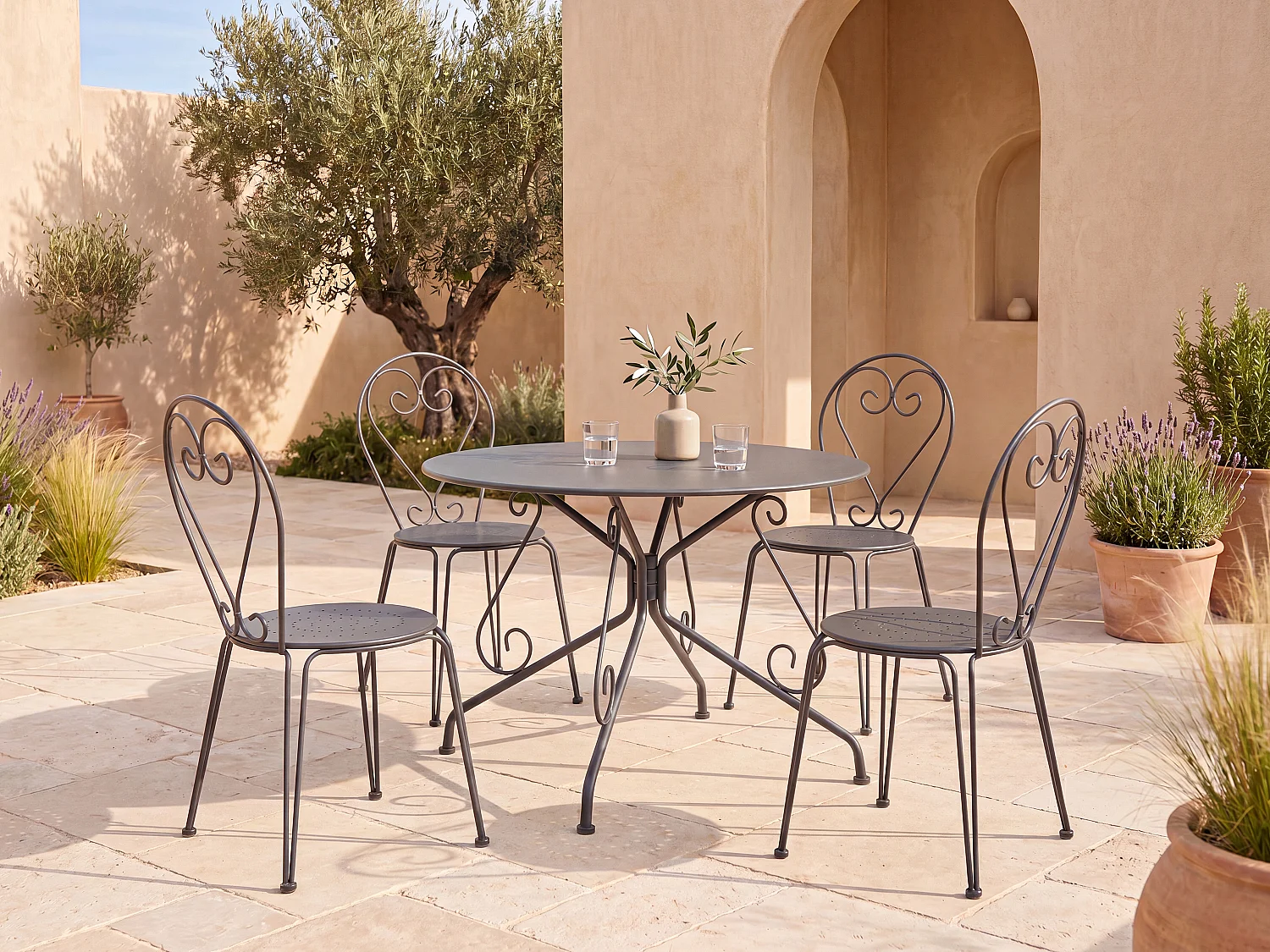 Wrought iron garden dining set : one table D.120cm and 4 stacking chairs - White - GUERMANTES by MYLIA