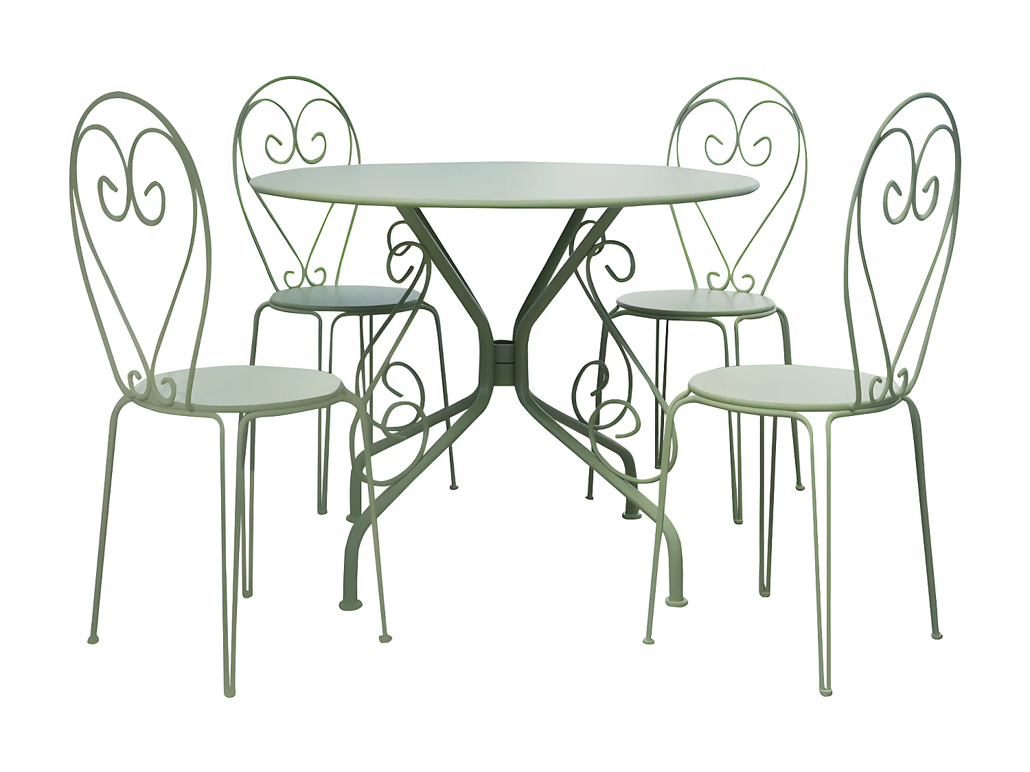 Salle à manger de jardin en métal façon fer forgé : une table D.120cm et 4 chaises empilables - Vert amande - GUERMANTES de MYLIA