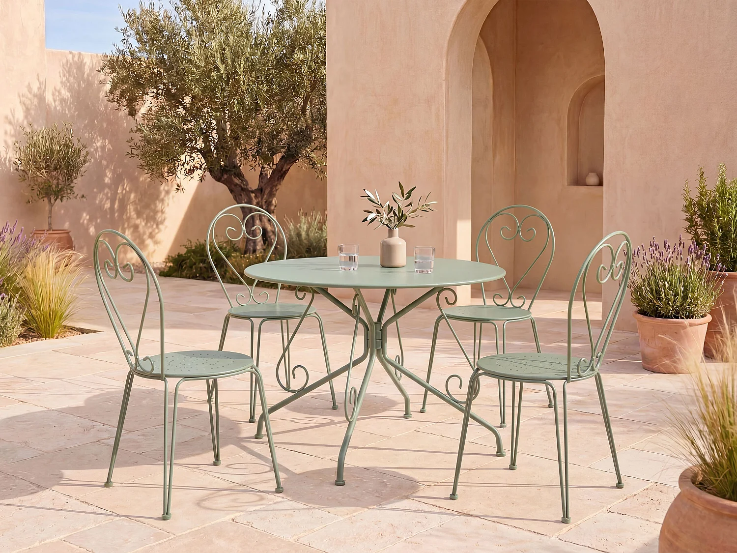Salle à manger de jardin en métal façon fer forgé : une table D.120cm et 4 chaises empilables - Vert amande - GUERMANTES de MYLIA