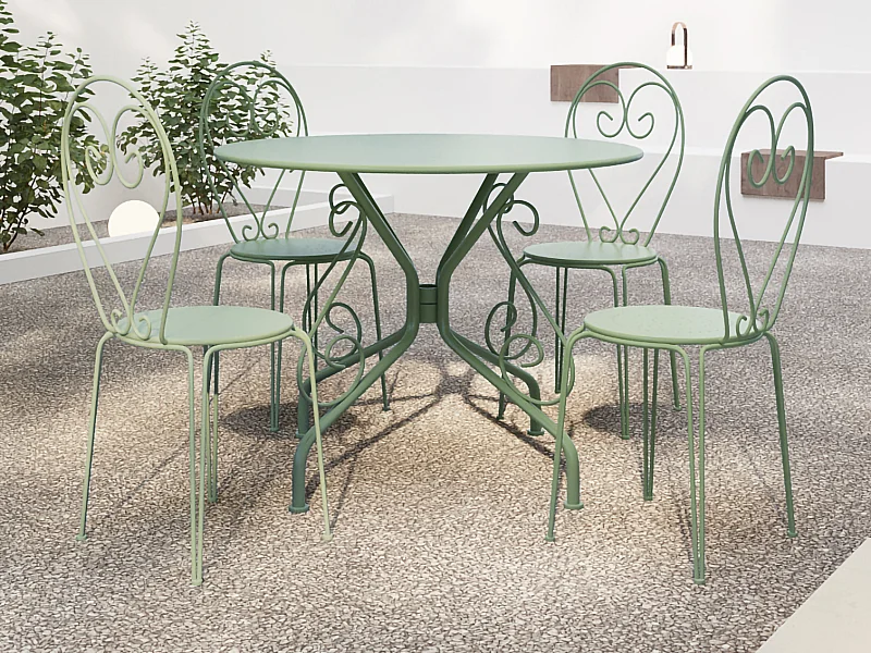 Salle à manger de jardin en métal façon fer forgé : une table D.120cm et 4 chaises empilables - Vert amande - GUERMANTES de MYLIA