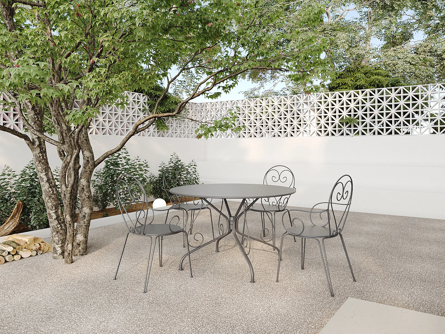 Garten-Essgruppe: Tisch D. 120 cm + 4 stapelbare Sessel - Metall in Eisenoptik - Anthrazit - GUERMANTES von MYLIA