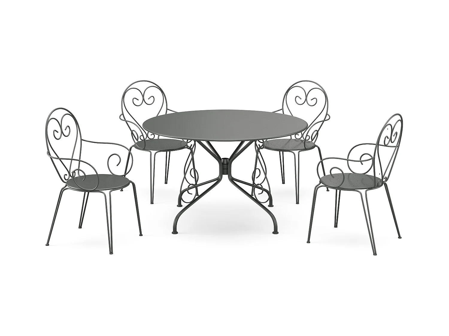 Garten-Essgruppe: Tisch D. 120 cm + 4 stapelbare Sessel - Metall in Eisenoptik - Anthrazit - GUERMANTES von MYLIA