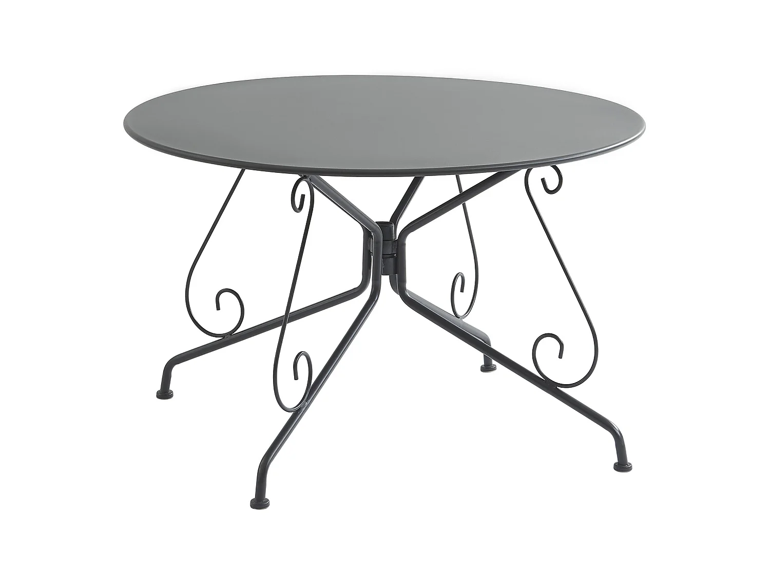 Garten-Essgruppe: Tisch D. 120 cm + 4 stapelbare Sessel - Metall in Eisenoptik - Anthrazit - GUERMANTES von MYLIA