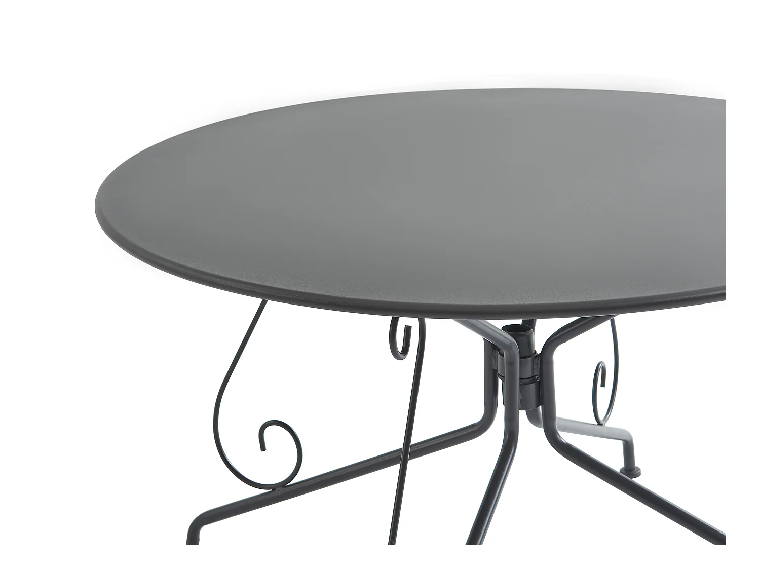 Garten-Essgruppe: Tisch D. 120 cm + 4 stapelbare Sessel - Metall in Eisenoptik - Anthrazit - GUERMANTES von MYLIA