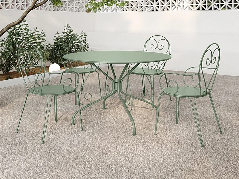 Salle à manger de jardin en métal façon fer forgé : une table D.120cm et 4 fauteuils empilables - Vert amande - GUERMANTES de MYLIA