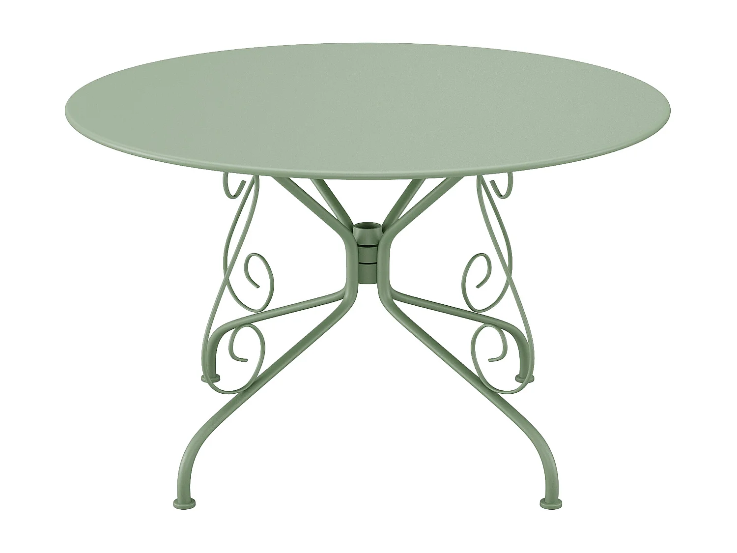 Conjunto de jantar de jardim metal acabamento ferro forjado, uma mesa D120 cm e 4 cadeirões empilháveis verde amêndoa - GUERMANTES de MYLIA