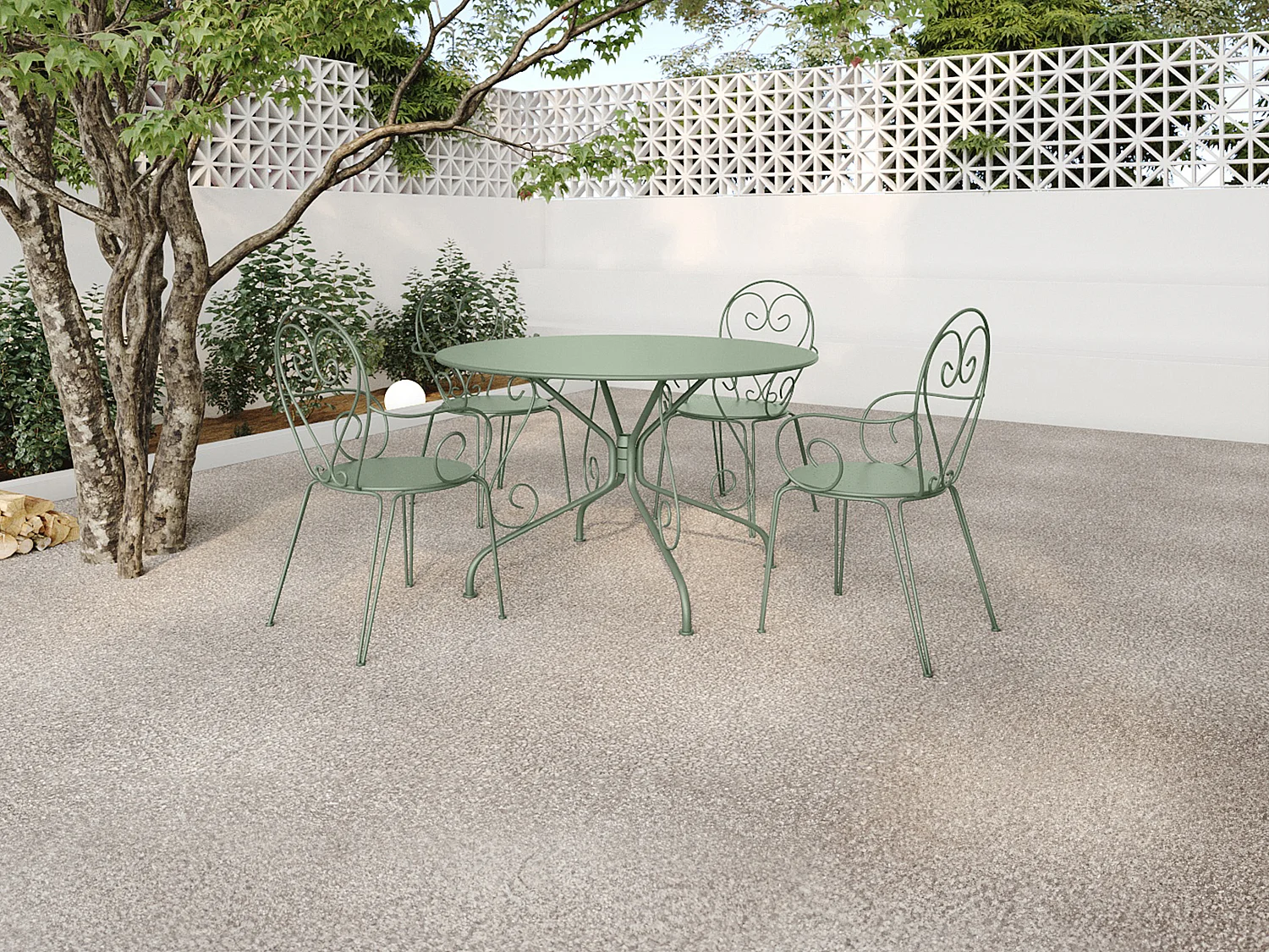 Salle à manger de jardin en métal façon fer forgé : une table D.120cm et 4 fauteuils empilables - Vert amande - GUERMANTES de MYLIA