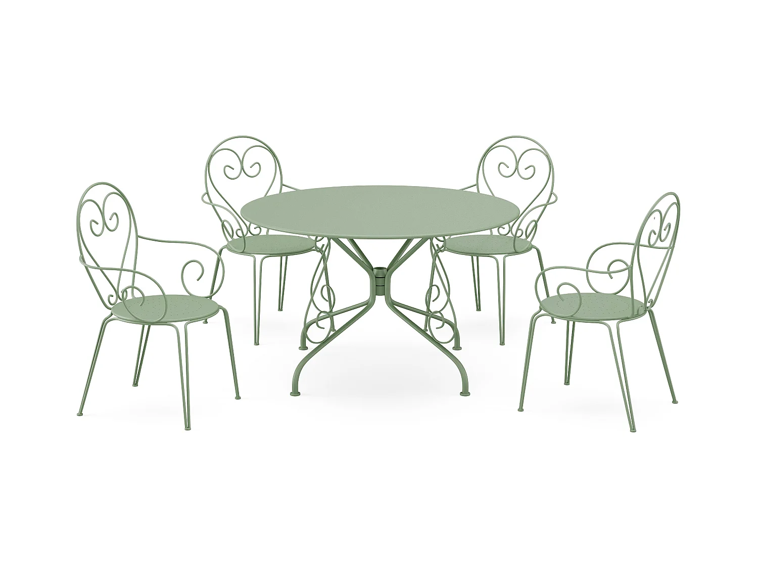 Spisebord med stoler i metall smijernstill til hagen: et bord med D. 120 cm og 4 stablestoler - Mandel grønn - GUERMANTES av MYLIA