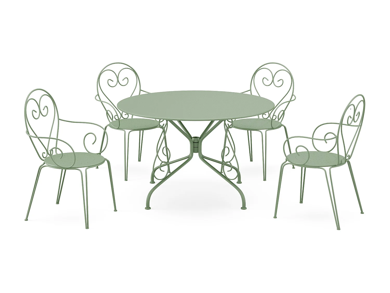Salle à manger de jardin en métal façon fer forgé : une table D.120cm et 4 fauteuils empilables - Vert amande - GUERMANTES de MYLIA